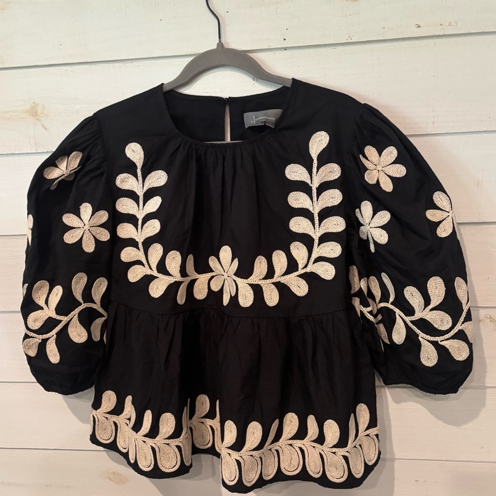 Anthropologie Black Peplum Blouse with Cream Floral Embroidery - Picture 7 of 13